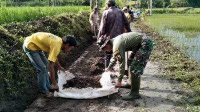 Babinsa Tlogosari Berjibaku bersama Masyarakat Bersihkan Parit